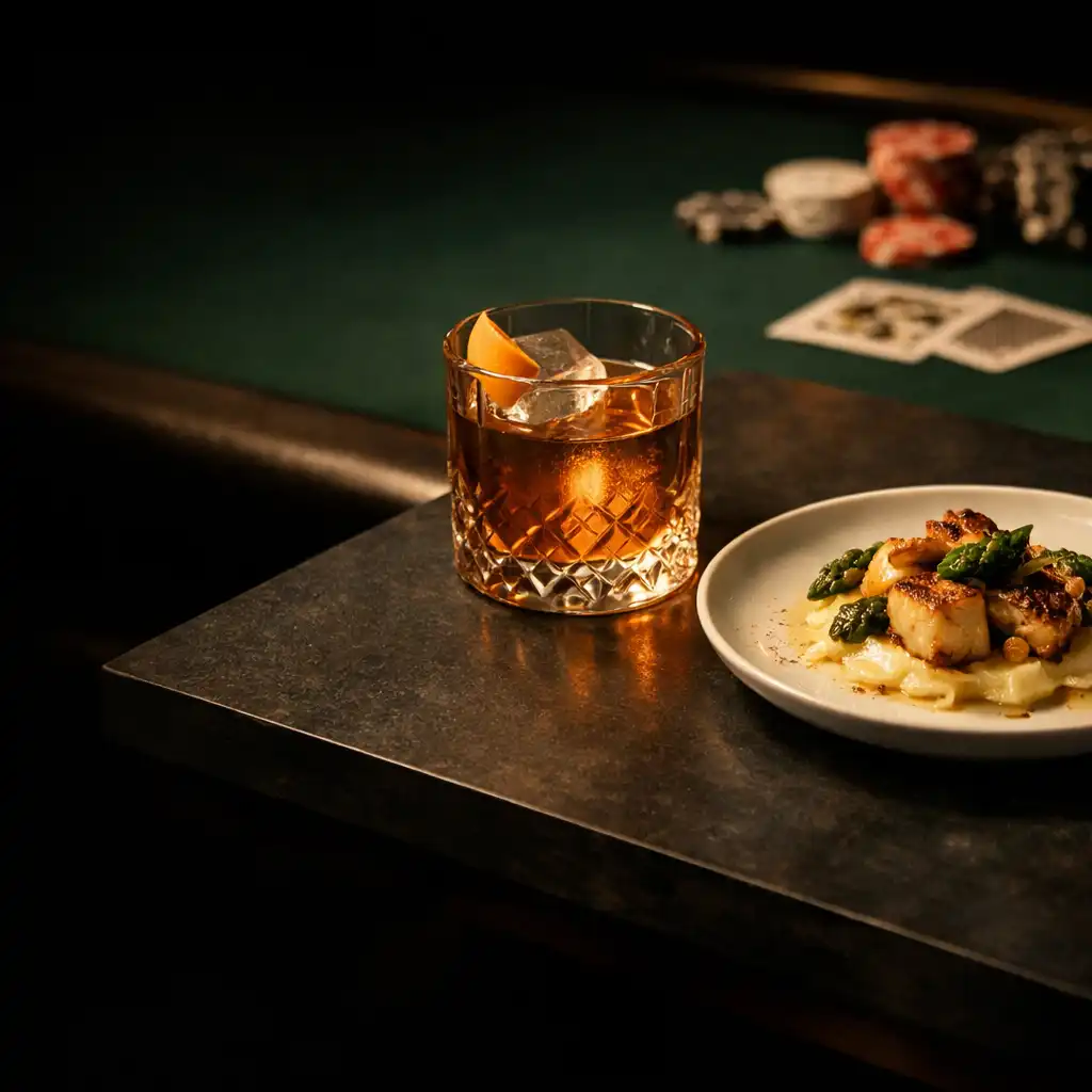 Bar drink and plated food beside the edge of a deep green poker felt table