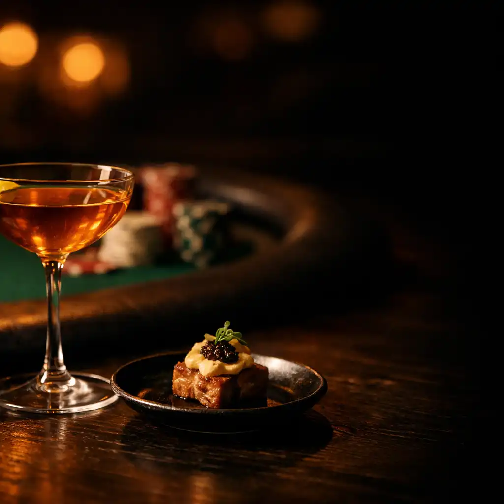 Cocktail and small plated bite beside a softly blurred poker table