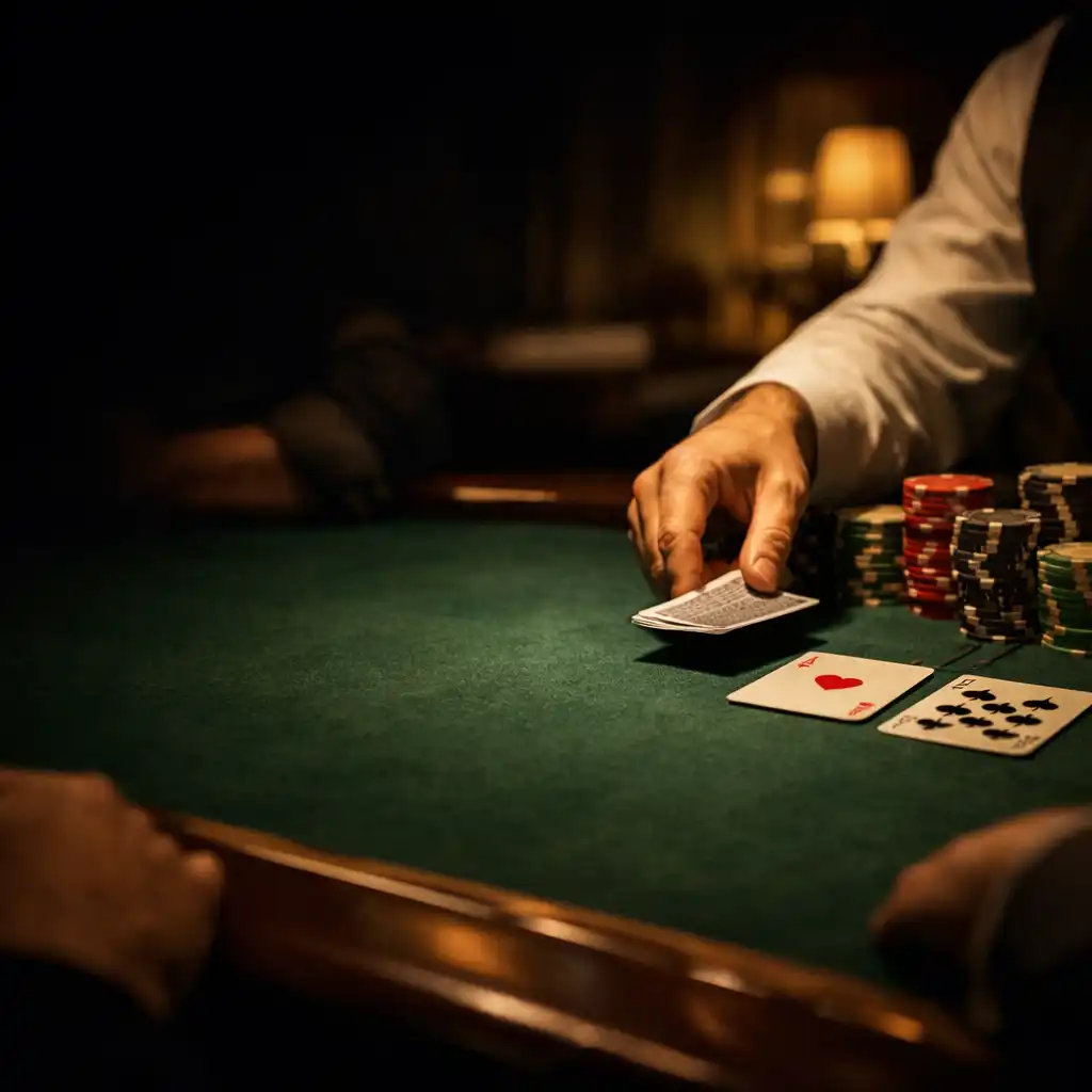 Dealer hand, cards and chip stacks on a green felt poker table