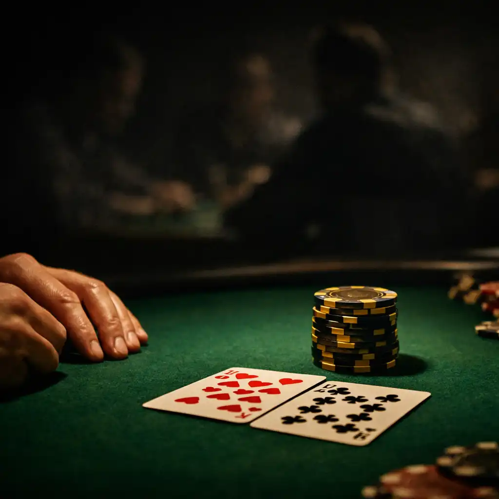 Attentive hands, cards and chips on a dark green poker table
