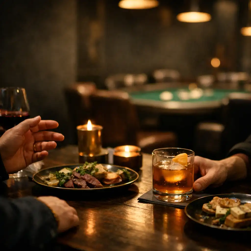Warm dining table setting with hands in conversation and green felt in the background