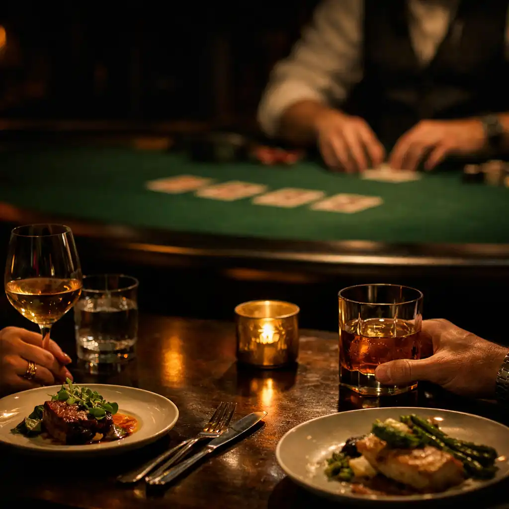 Dinner table details with a deep green poker table visible in the background