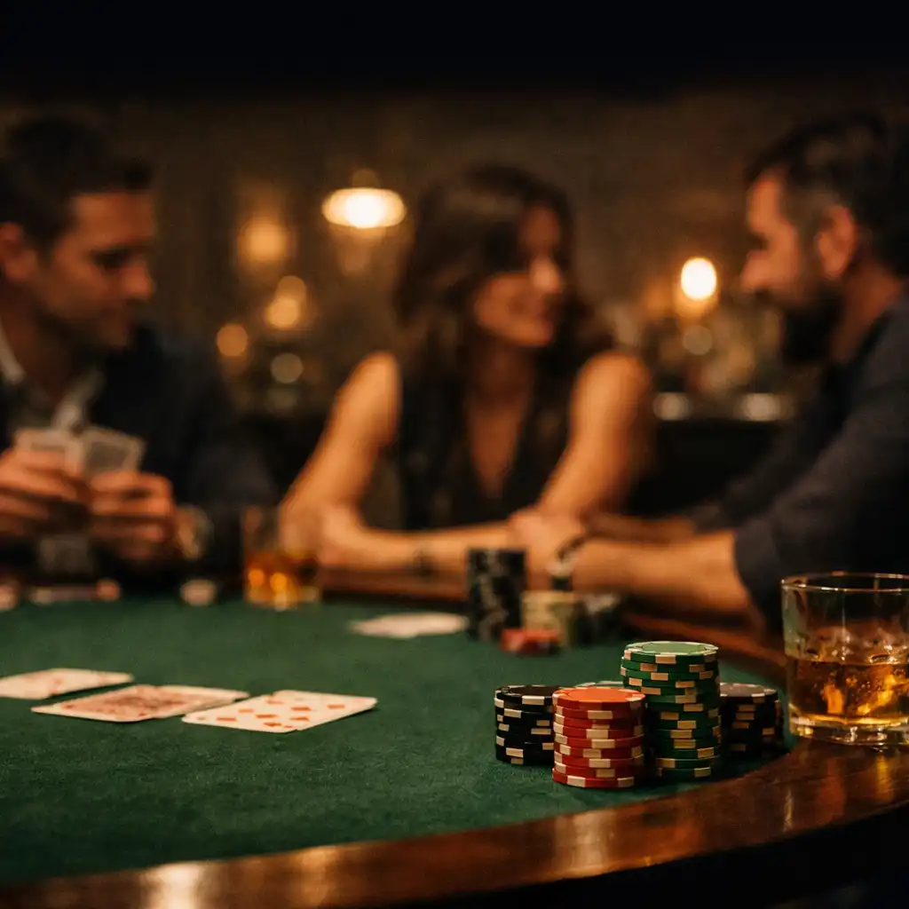 Cards and chips on a green felt table in a relaxed card lounge