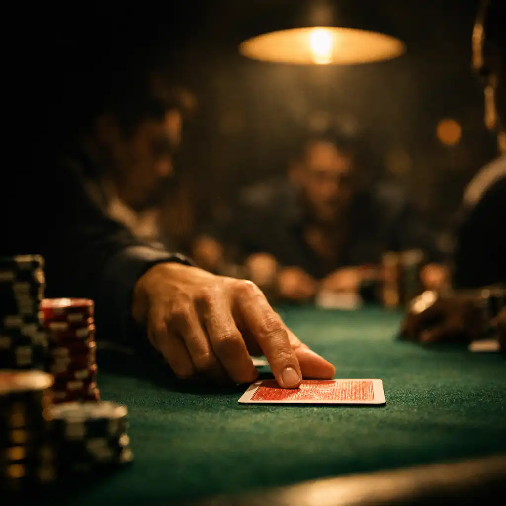 Dealer placing a playing card on green felt beside chips at a poker table