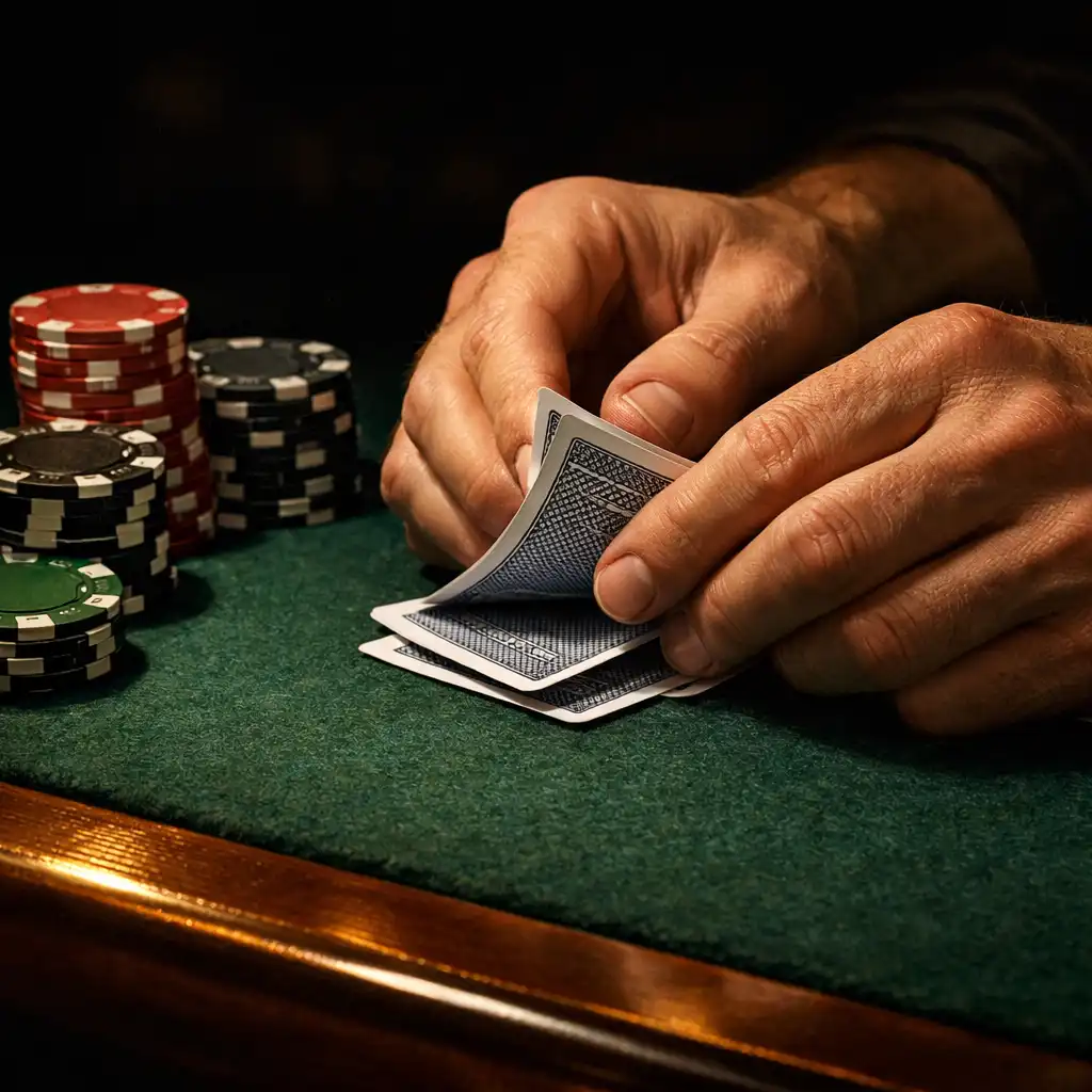 Hands arranging physical playing cards and chips on deep green felt