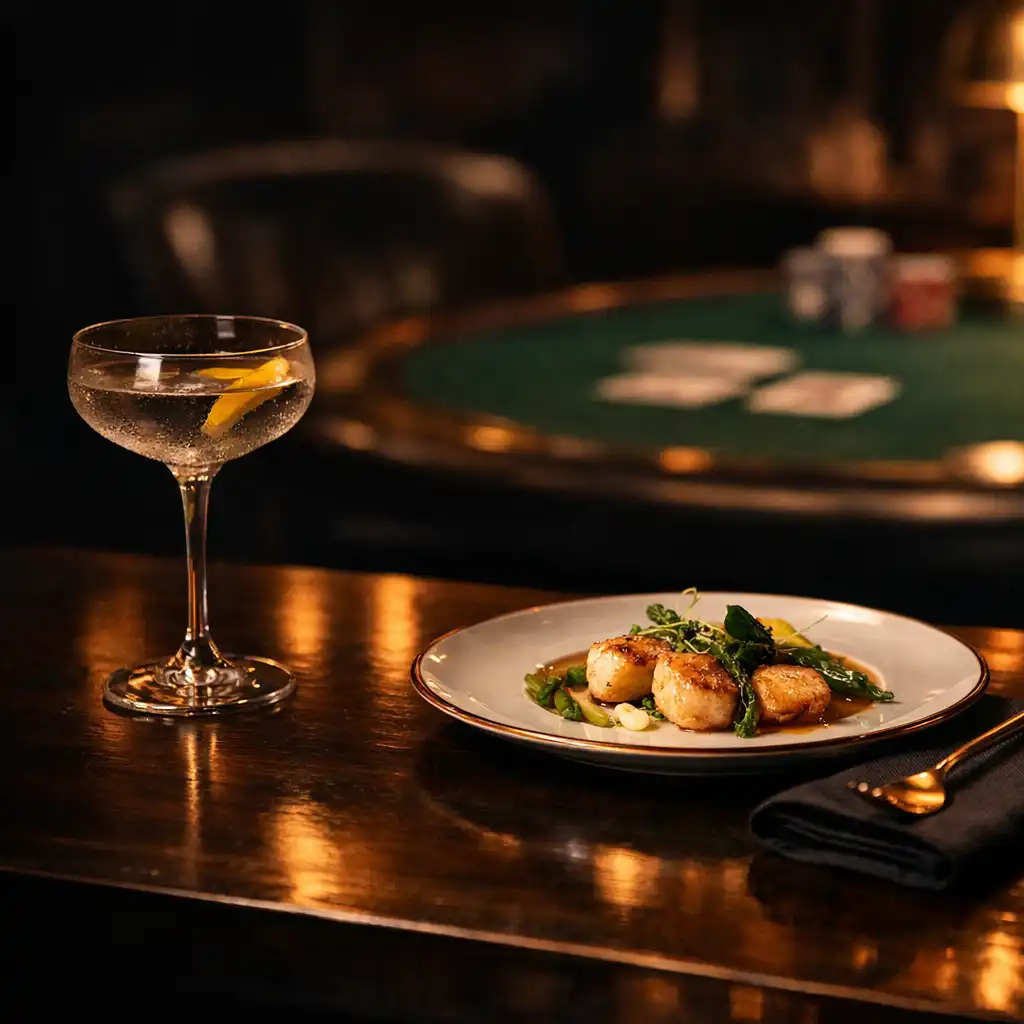 Refined plated dish and cocktail on a low-lit bar-side table