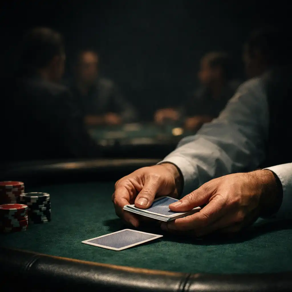 Poker dealer dealing cards across green felt