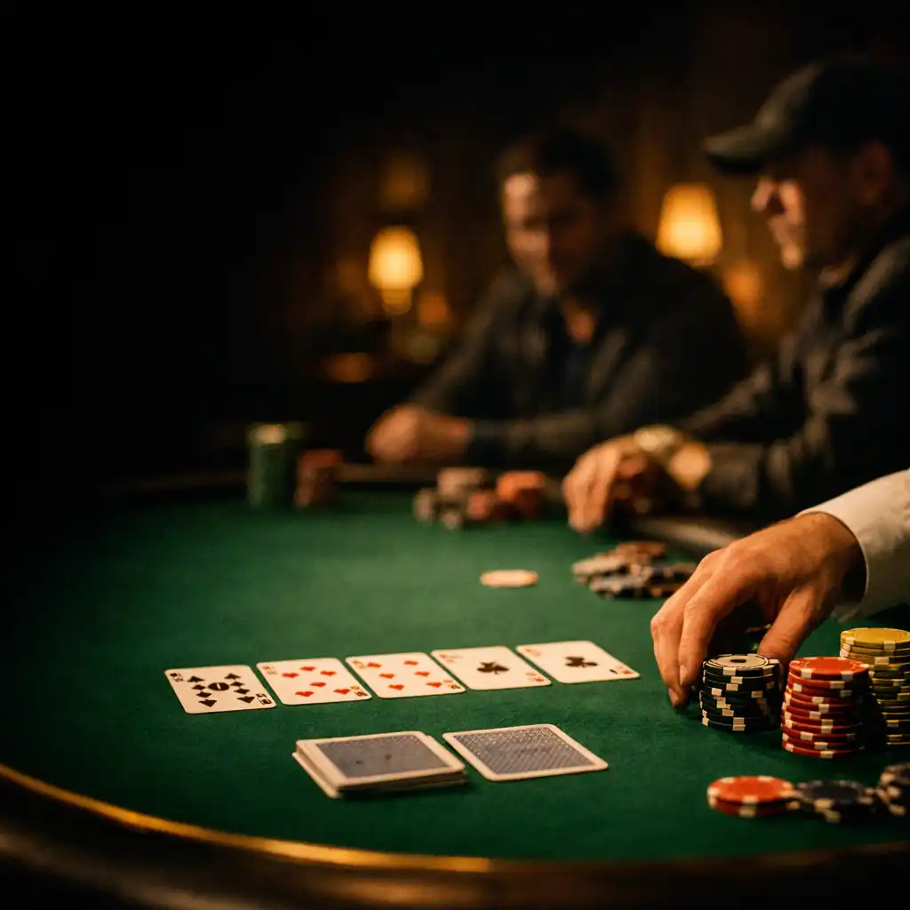 Dealer hand, cards and chips at a live poker table