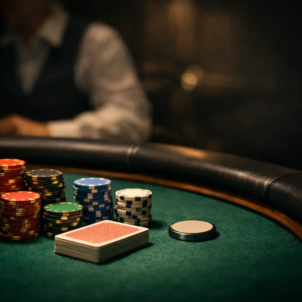 Cards and chip stacks prepared on a green felt poker table