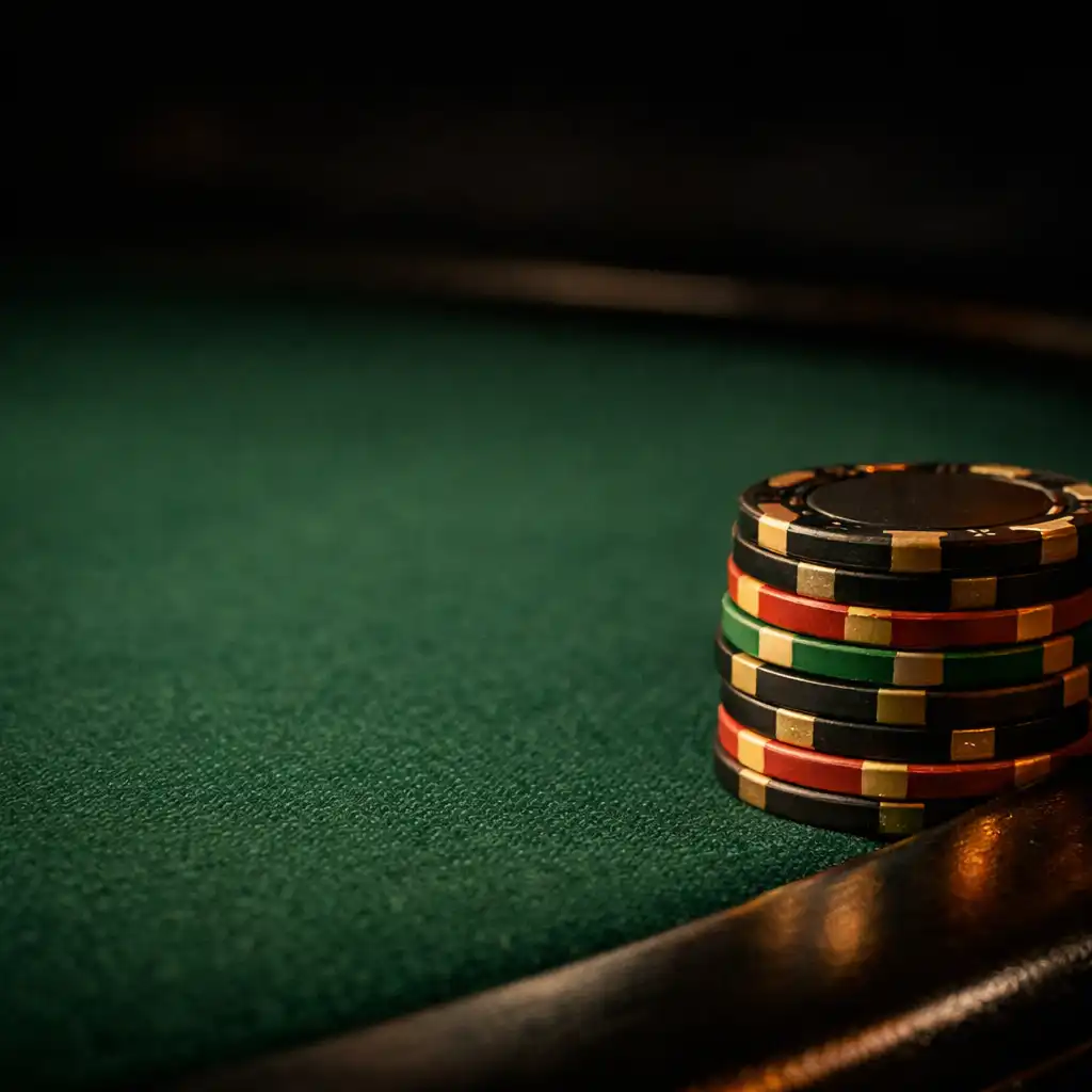Close view of deep green poker felt, weighted chips and a dark table edge