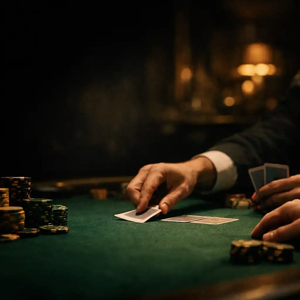 Dealer and player hands dealing real cards across green poker felt with chip stacks nearby