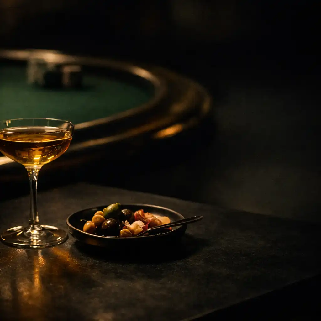 Cocktail and small share plate beside a softly blurred green poker table edge