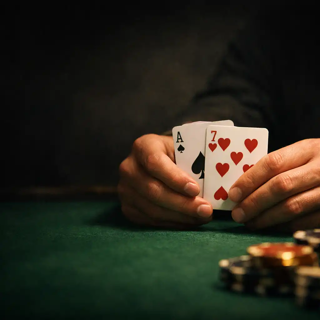 Player hands holding real playing cards above rich green felt