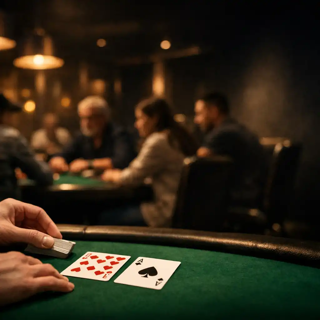 Active poker room with adult players around green felt tables and cards in the foreground