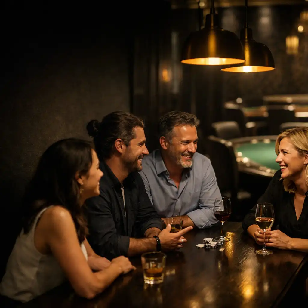 Small group talking around a dark dining table with card-room lighting in the background
