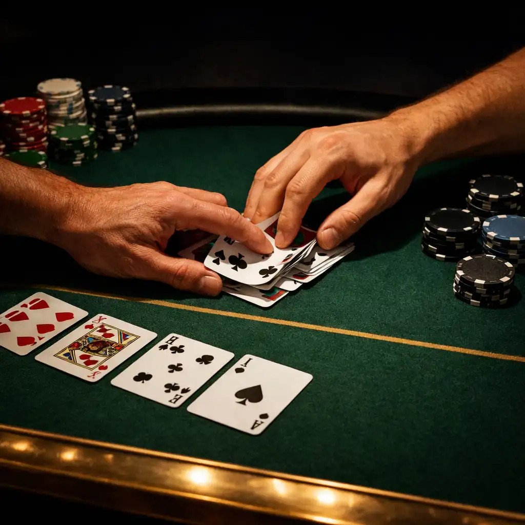 Players' hands, playing cards and chips on a professional green felt poker table